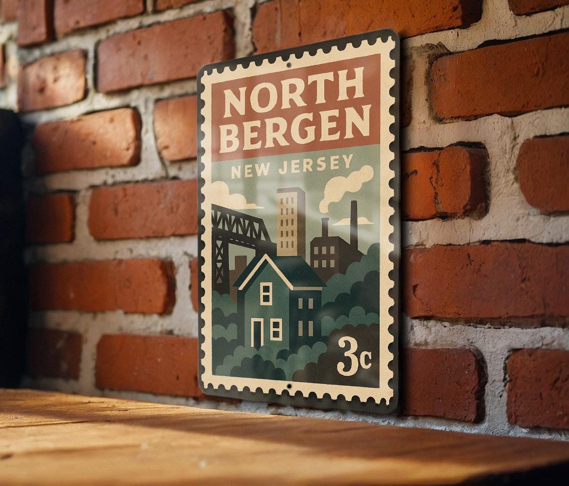 North Bergen New Jersey Metal Sign – Retro Postage Stamp Design Featuring City Name and Scenic Local Elements — photo 1