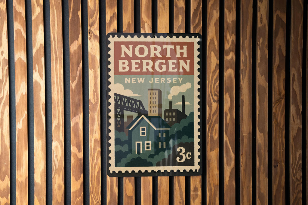 North Bergen New Jersey Metal Sign – Retro Postage Stamp Design Featuring City Name and Scenic Local Elements — photo 2