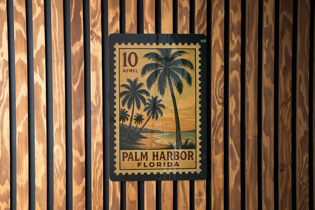 Palm Harbor Florida Metal Sign Featuring Retro Postage Stamp Design with Coastal Town Scene and Vintage Travel Theme — photo 1
