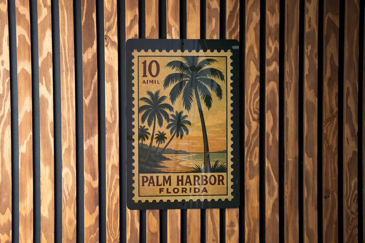 Palm Harbor Florida Metal Sign Featuring Retro Postage Stamp Design with Coastal Town Scene and Vintage Travel Theme — photo 1