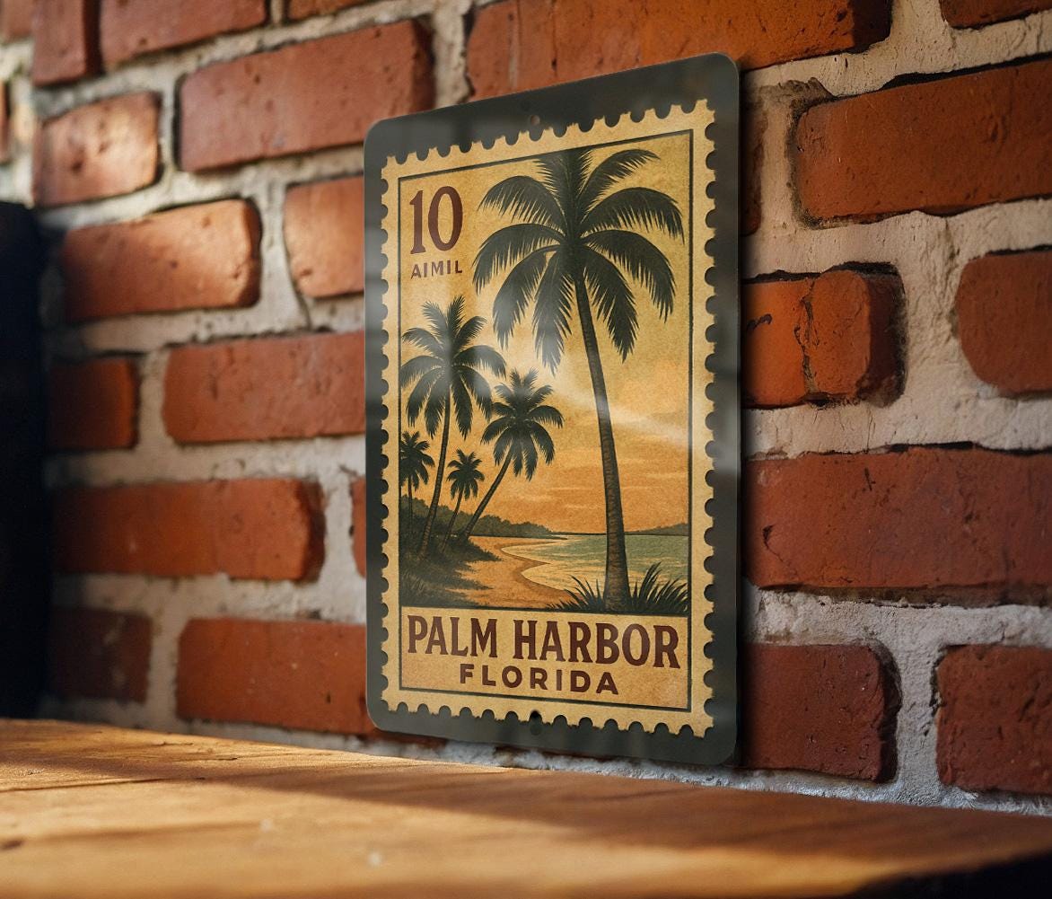 Palm Harbor Florida Metal Sign Featuring Retro Postage Stamp Design with Coastal Town Scene and Vintage Travel Theme — photo 2