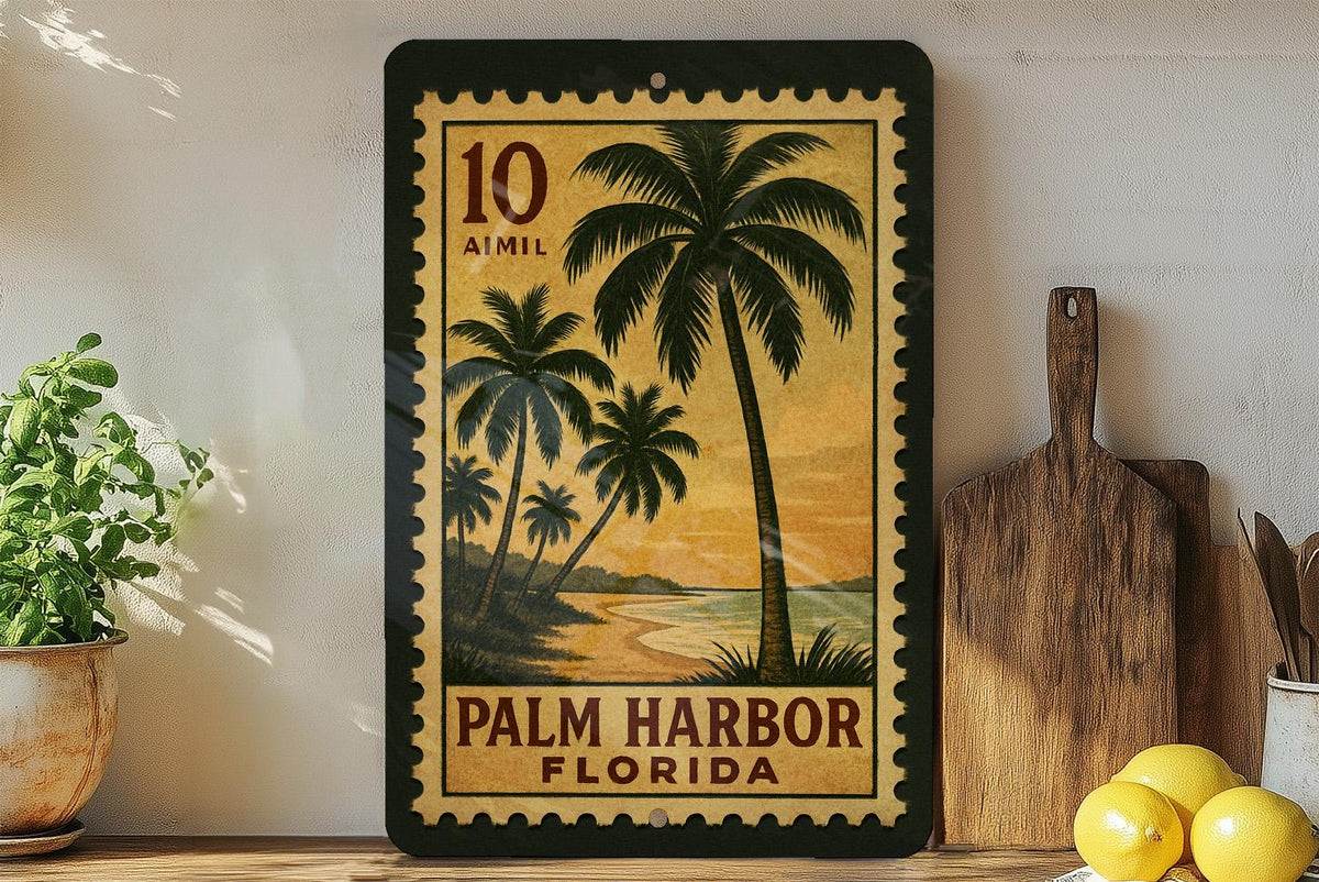 Palm Harbor Florida Metal Sign Featuring Retro Postage Stamp Design with Coastal Town Scene and Vintage Travel Theme — photo 4
