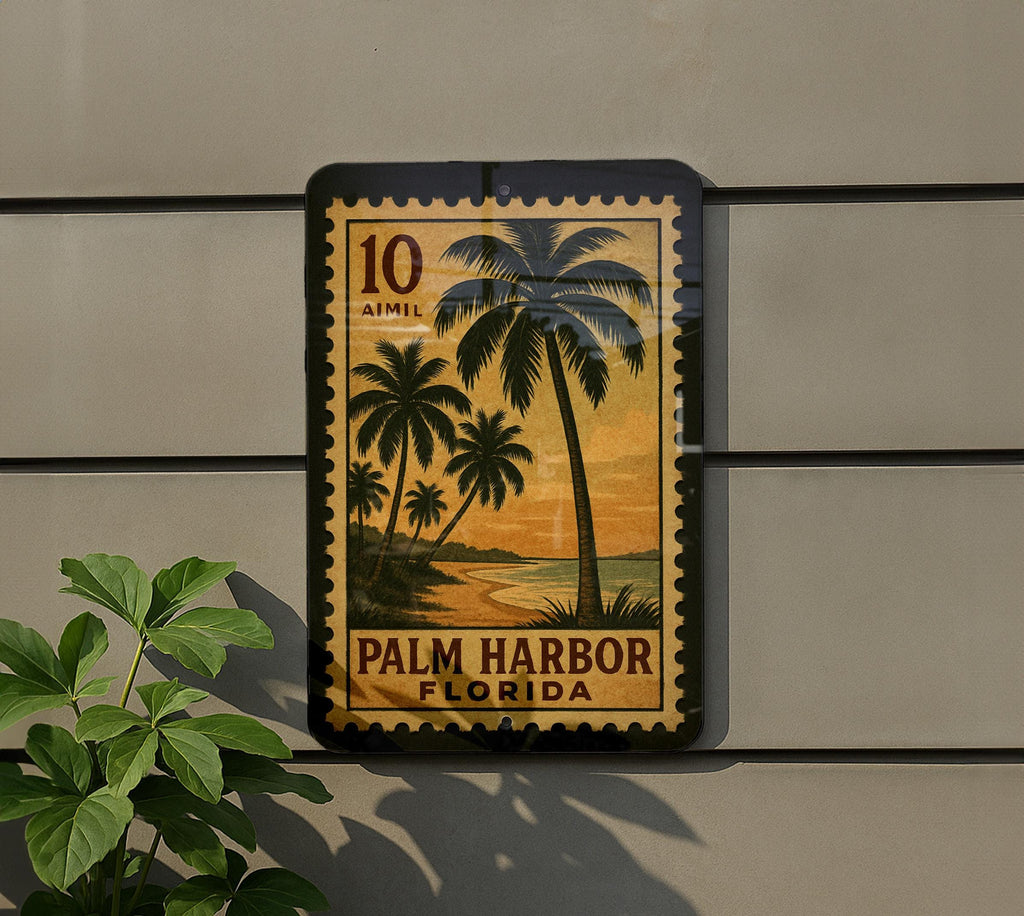 Palm Harbor Florida Metal Sign Featuring Retro Postage Stamp Design with Coastal Town Scene and Vintage Travel Theme — photo 6
