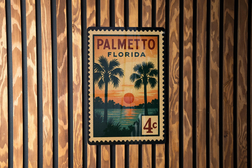 Palmetto Florida Metal Sign Featuring Retro Postage Stamp Design with Palm Trees and Coastal Scenery Décor — photo 1