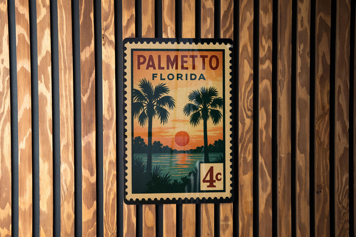 Palmetto Florida Metal Sign Featuring Retro Postage Stamp Design with Palm Trees and Coastal Scenery Décor — photo 1
