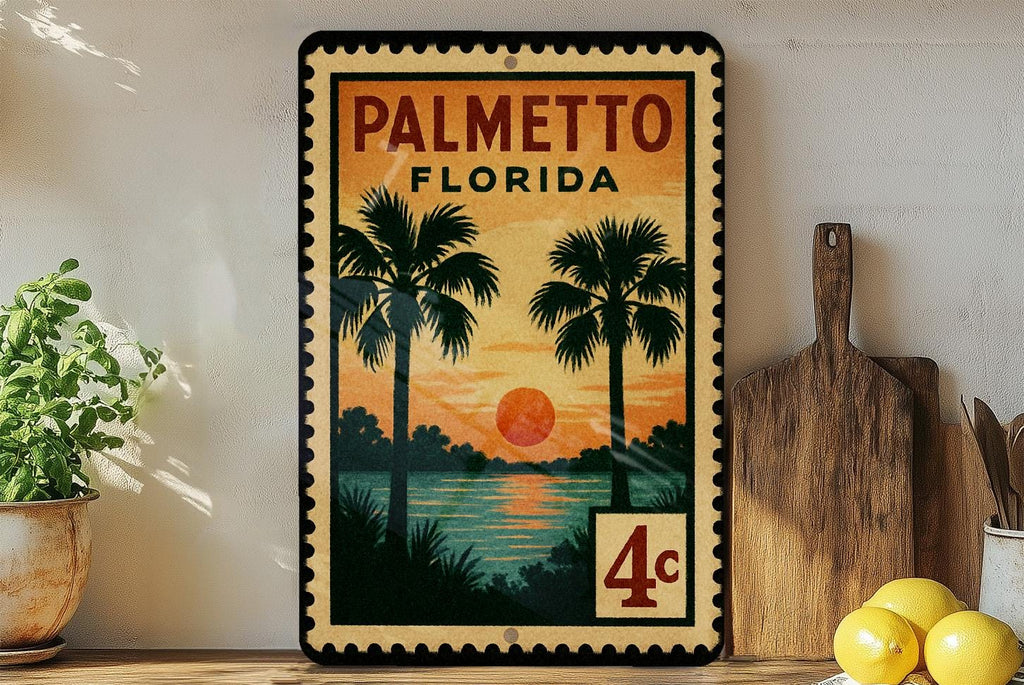 Palmetto Florida Metal Sign Featuring Retro Postage Stamp Design with Palm Trees and Coastal Scenery Décor — photo 2