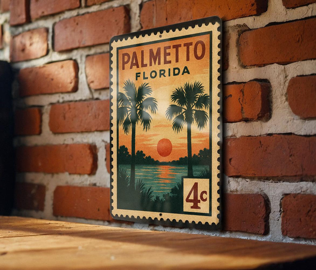 Palmetto Florida Metal Sign Featuring Retro Postage Stamp Design with Palm Trees and Coastal Scenery Décor — photo 3