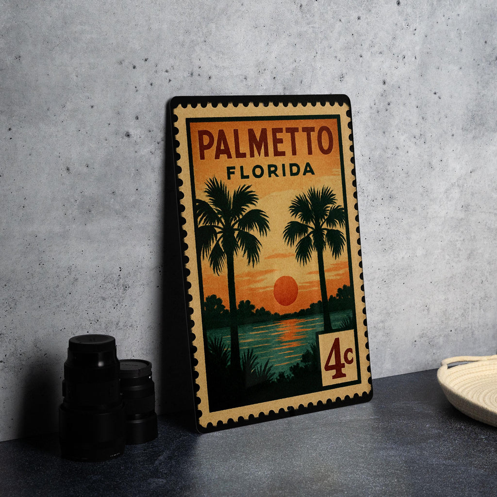 Palmetto Florida Metal Sign Featuring Retro Postage Stamp Design with Palm Trees and Coastal Scenery Décor — photo 4