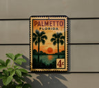 Palmetto Florida Metal Sign Featuring Retro Postage Stamp Design with Palm Trees and Coastal Scenery Décor — photo 5