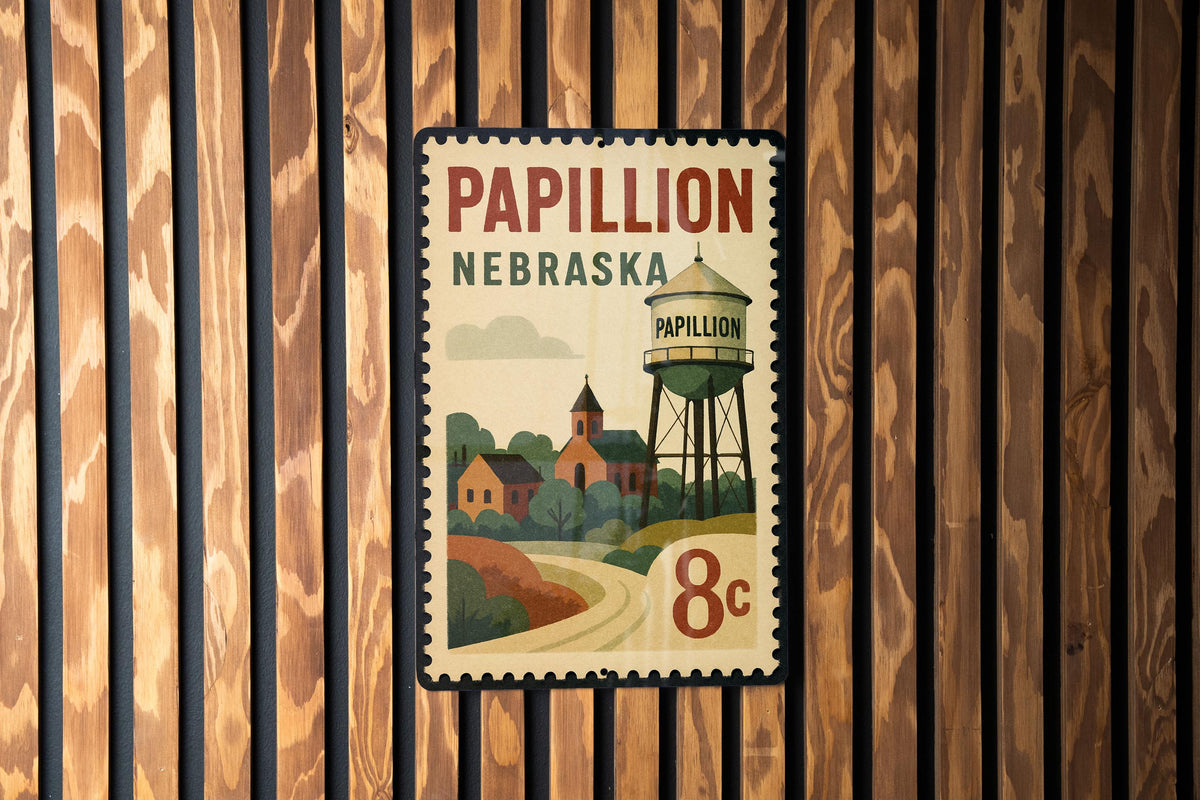 Papillion Nebraska Postage Stamp Metal Sign – Retro Travel-Inspired Wall Decor Featuring Papillion Landmarks — photo 1