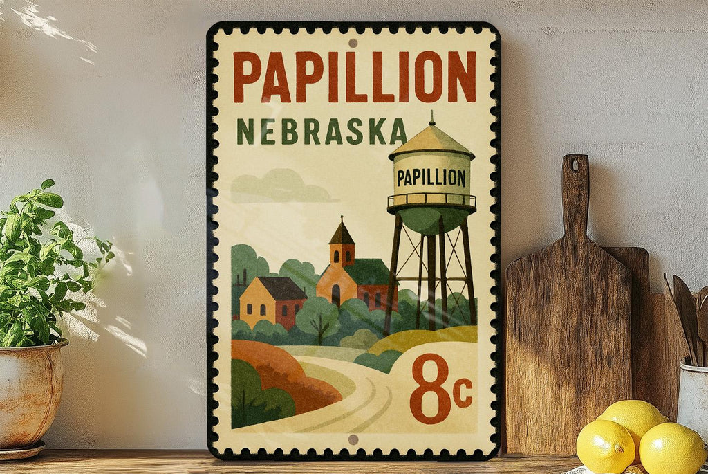 Papillion Nebraska Postage Stamp Metal Sign – Retro Travel-Inspired Wall Decor Featuring Papillion Landmarks — photo 3