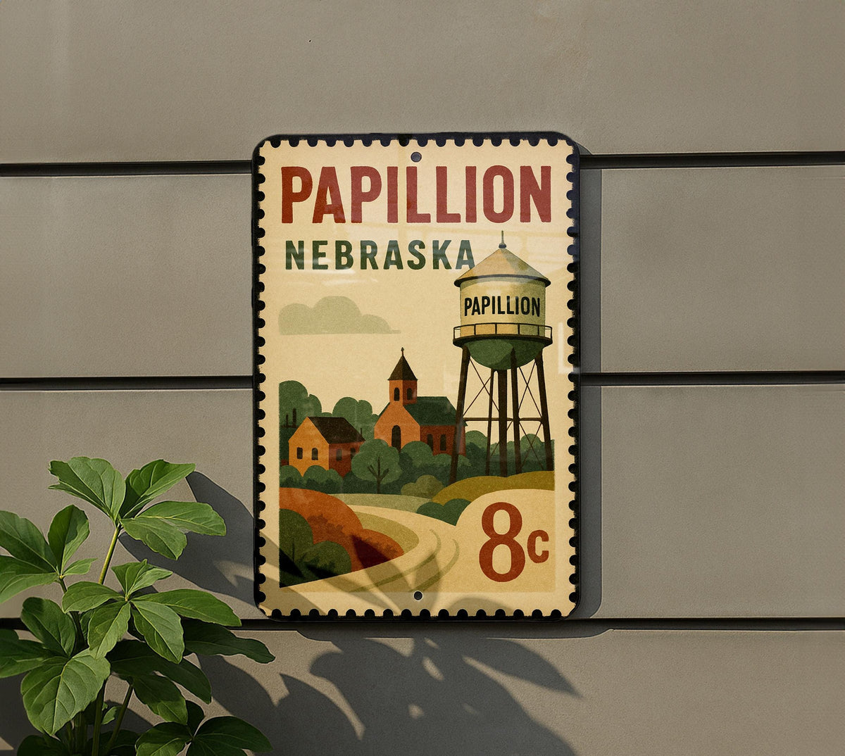 Papillion Nebraska Postage Stamp Metal Sign – Retro Travel-Inspired Wall Decor Featuring Papillion Landmarks — photo 5
