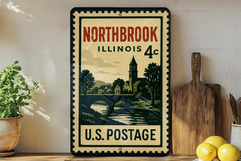 Northbrook Illinois Metal Sign Featuring Retro Postage Stamp Design of Cityscape and Local Landmarks — photo 1