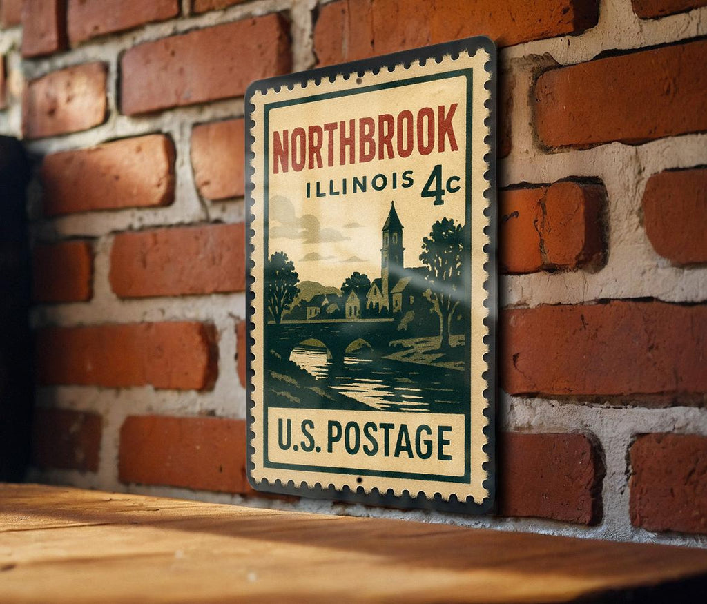 Northbrook Illinois Metal Sign Featuring Retro Postage Stamp Design of Cityscape and Local Landmarks — photo 2