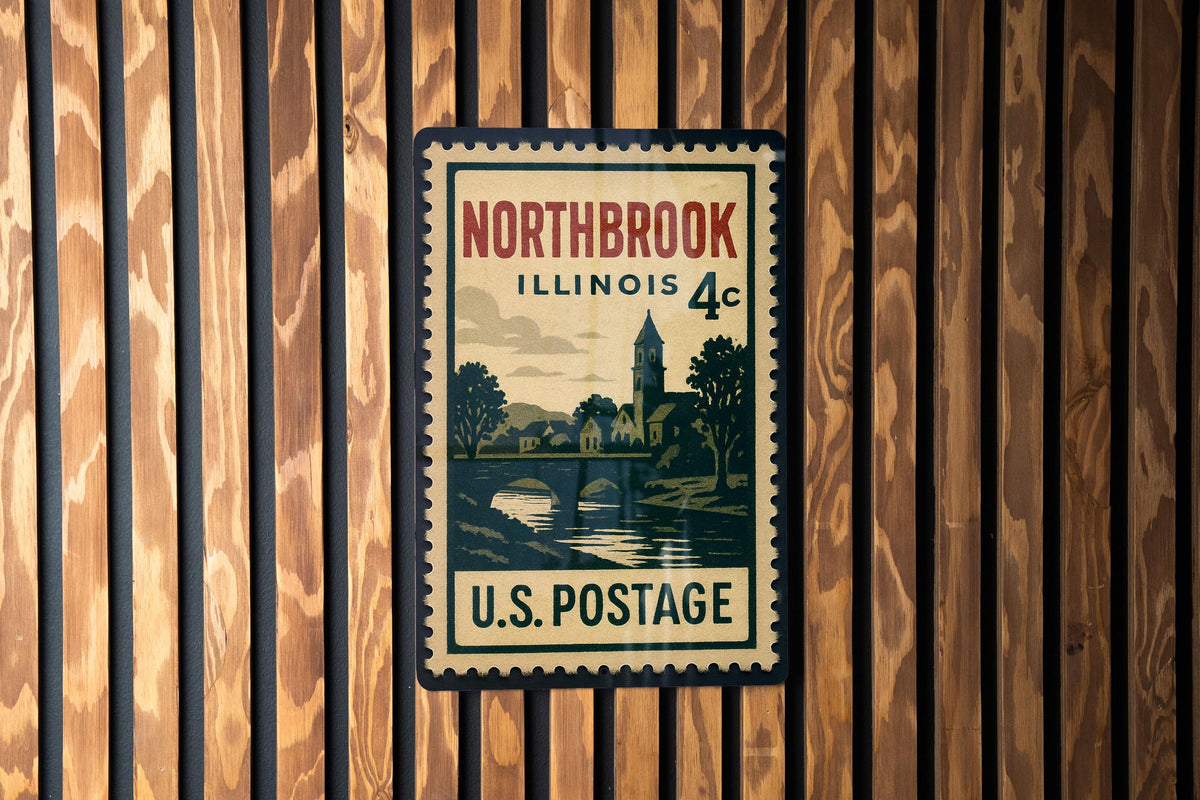 Northbrook Illinois Metal Sign Featuring Retro Postage Stamp Design of Cityscape and Local Landmarks — photo 3
