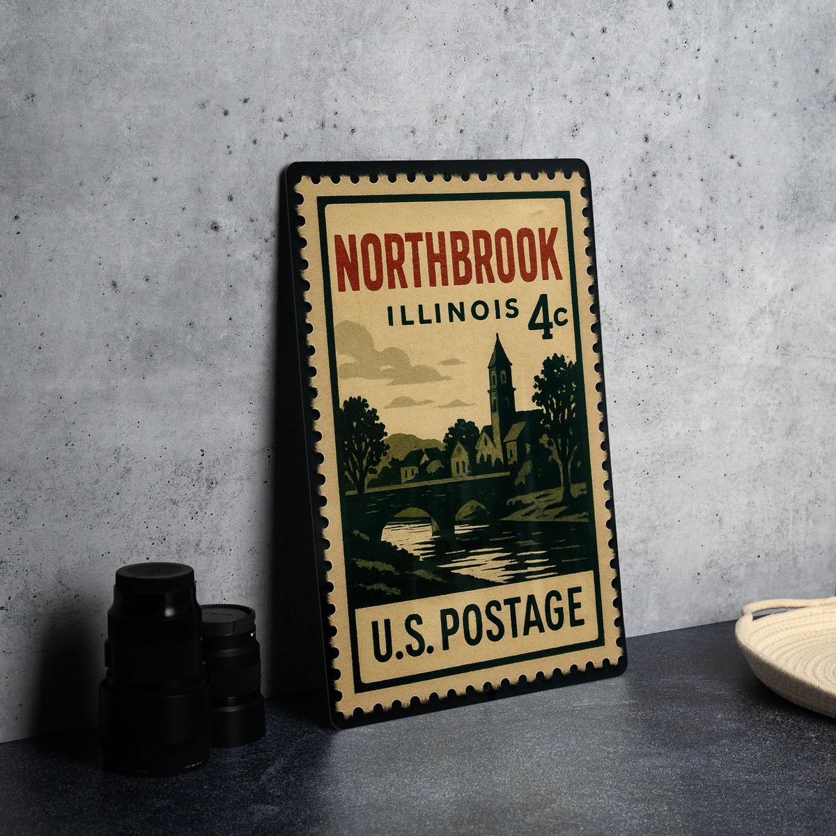 Northbrook Illinois Metal Sign Featuring Retro Postage Stamp Design of Cityscape and Local Landmarks — photo 4