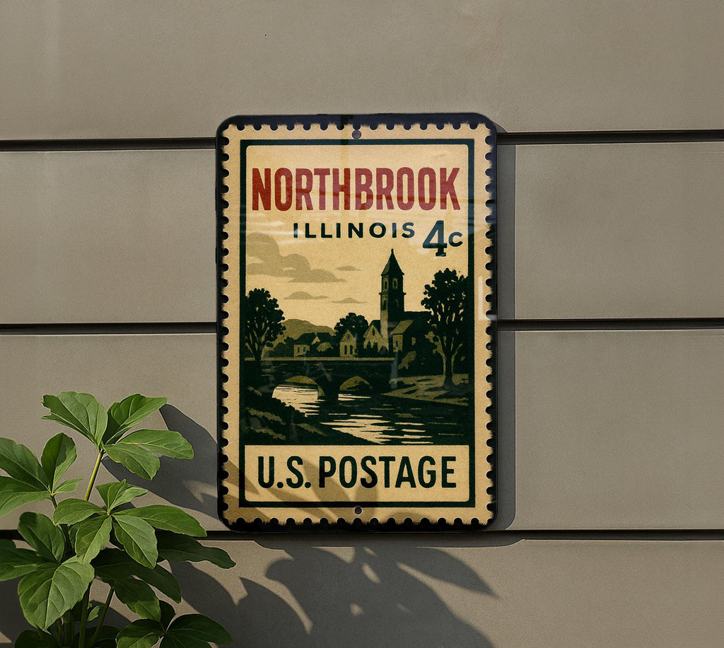 Northbrook Illinois Metal Sign Featuring Retro Postage Stamp Design of Cityscape and Local Landmarks — photo 5