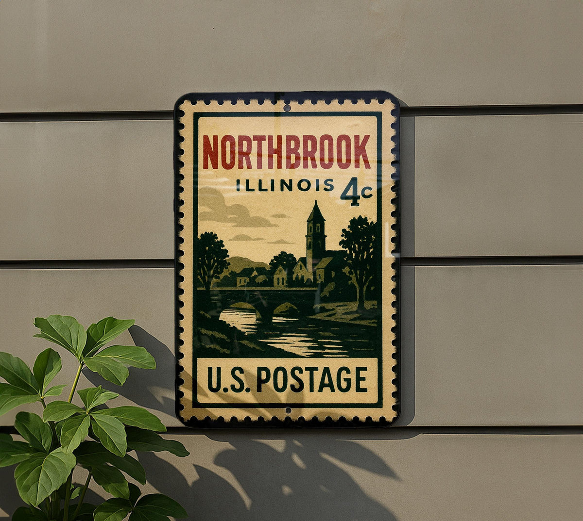 Northbrook Illinois Metal Sign Featuring Retro Postage Stamp Design of Cityscape and Local Landmarks — photo 5