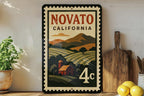 Novato California Metal Sign Featuring Retro Postage Stamp Design with Scenic Town and Landmark Elements — photo 1