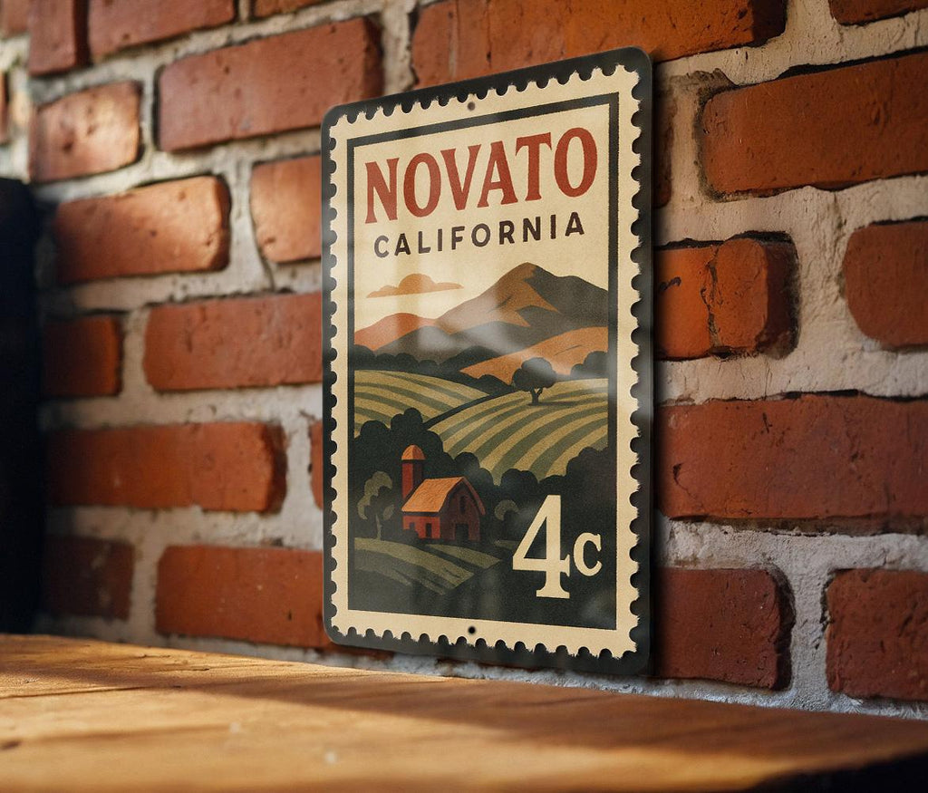 Novato California Metal Sign Featuring Retro Postage Stamp Design with Scenic Town and Landmark Elements — photo 2