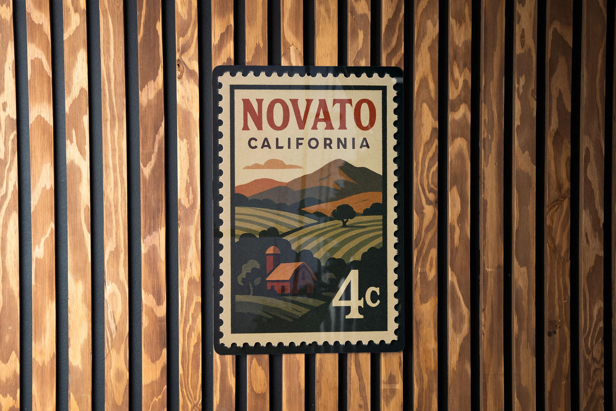 Novato California Metal Sign Featuring Retro Postage Stamp Design with Scenic Town and Landmark Elements — photo 3
