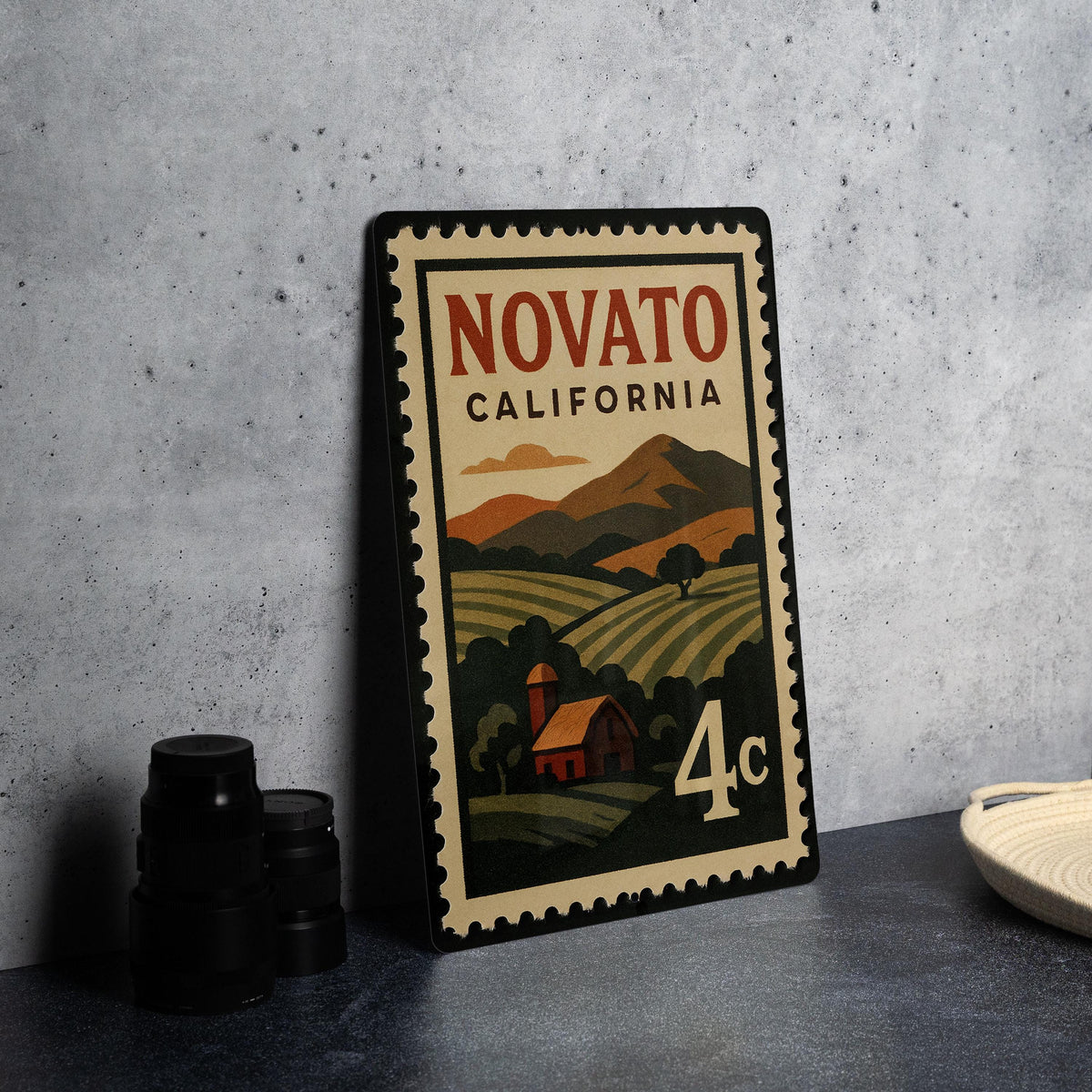 Novato California Metal Sign Featuring Retro Postage Stamp Design with Scenic Town and Landmark Elements — photo 4