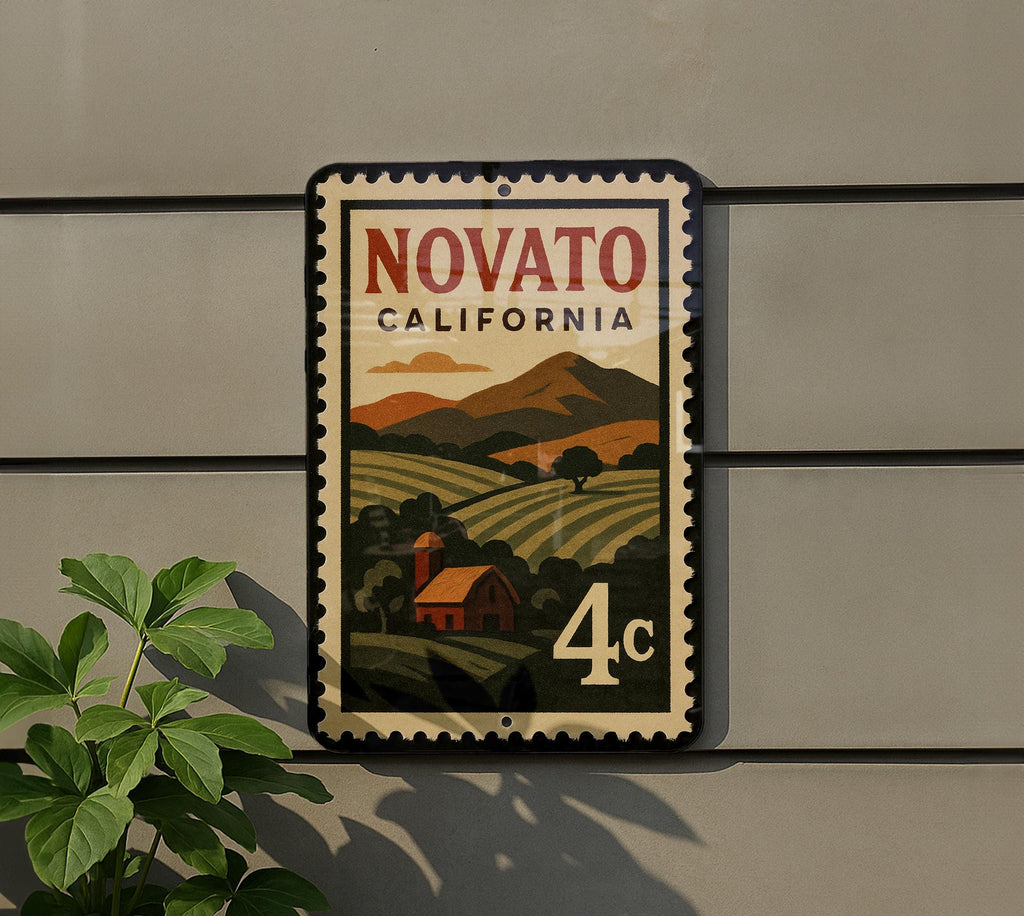Novato California Metal Sign Featuring Retro Postage Stamp Design with Scenic Town and Landmark Elements — photo 5