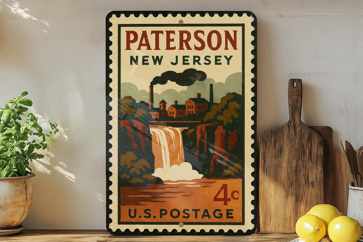 Paterson New Jersey Metal Sign Featuring Retro Postage Stamp Design with Cityscape and Historic Landmarks — photo 3
