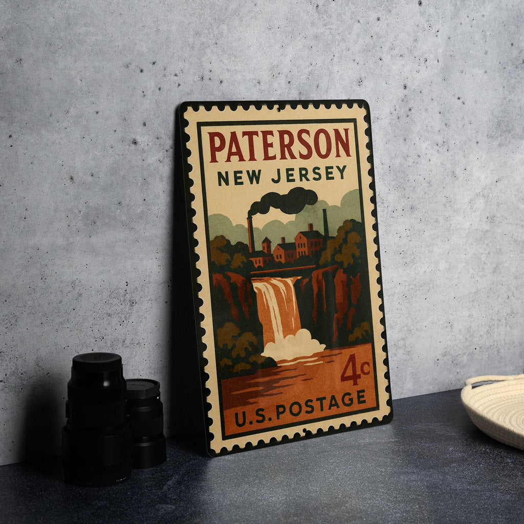 Paterson New Jersey Metal Sign Featuring Retro Postage Stamp Design with Cityscape and Historic Landmarks — photo 4