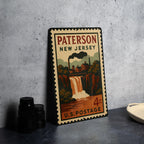 Paterson New Jersey Metal Sign Featuring Retro Postage Stamp Design with Cityscape and Historic Landmarks — photo 4