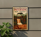 Paterson New Jersey Metal Sign Featuring Retro Postage Stamp Design with Cityscape and Historic Landmarks — photo 5