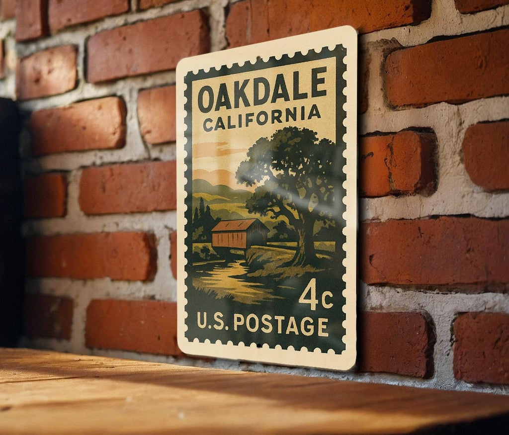 Oakdale California Metal Sign – Retro Postage Stamp Design Featuring Historic Town Landmark and Scenic Landscape — photo 1