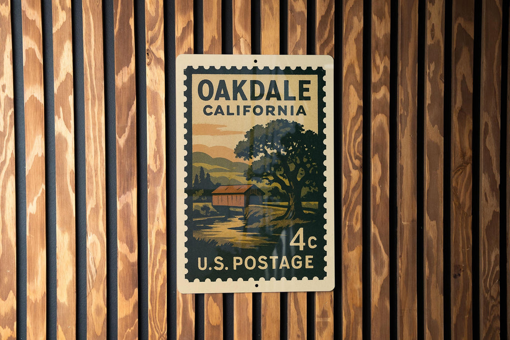 Oakdale California Metal Sign – Retro Postage Stamp Design Featuring Historic Town Landmark and Scenic Landscape — photo 2