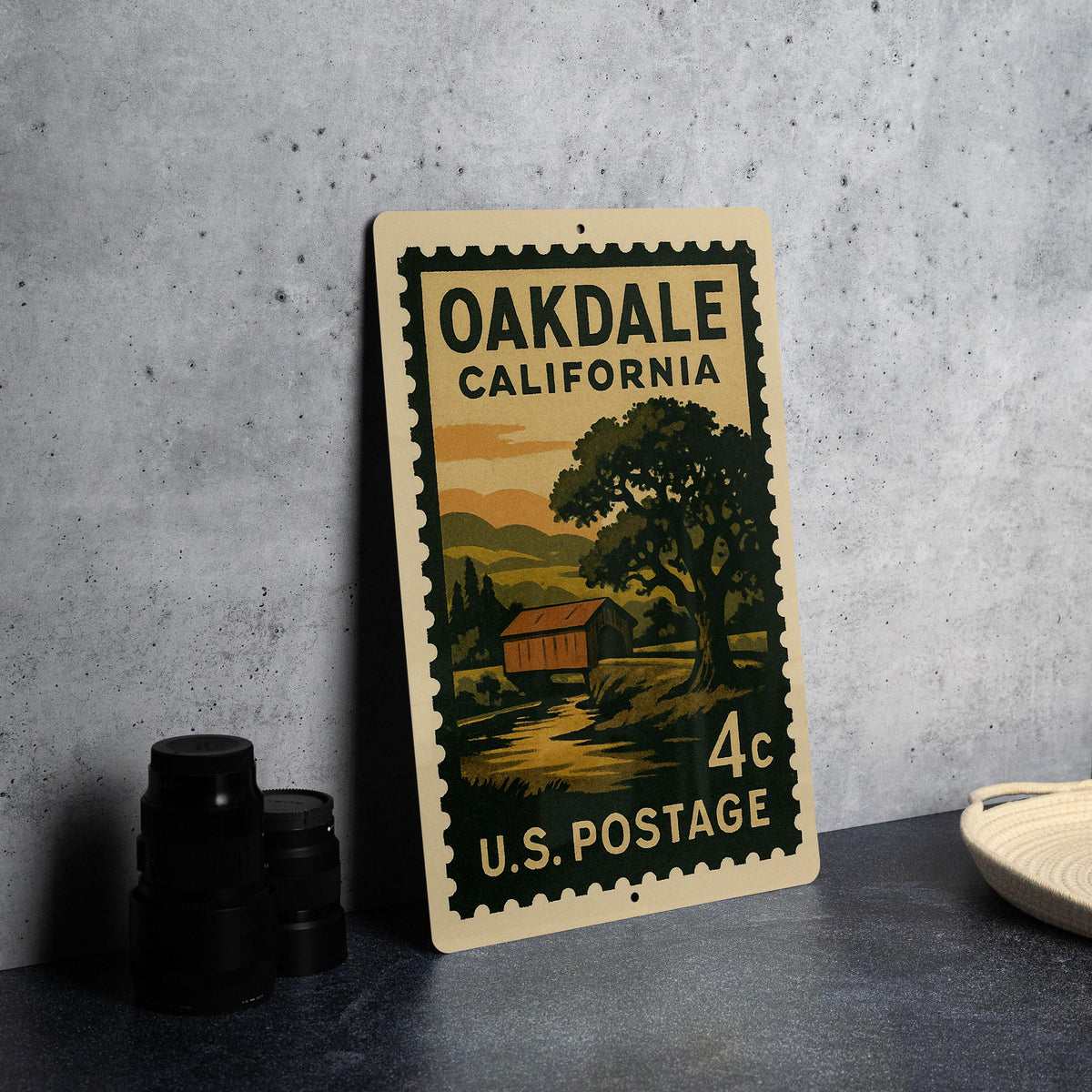 Oakdale California Metal Sign – Retro Postage Stamp Design Featuring Historic Town Landmark and Scenic Landscape — photo 4