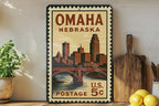 Omaha Nebraska Metal Sign Featuring Retro Postage Stamp Design with Cityscape and Iconic Landmarks — photo 2
