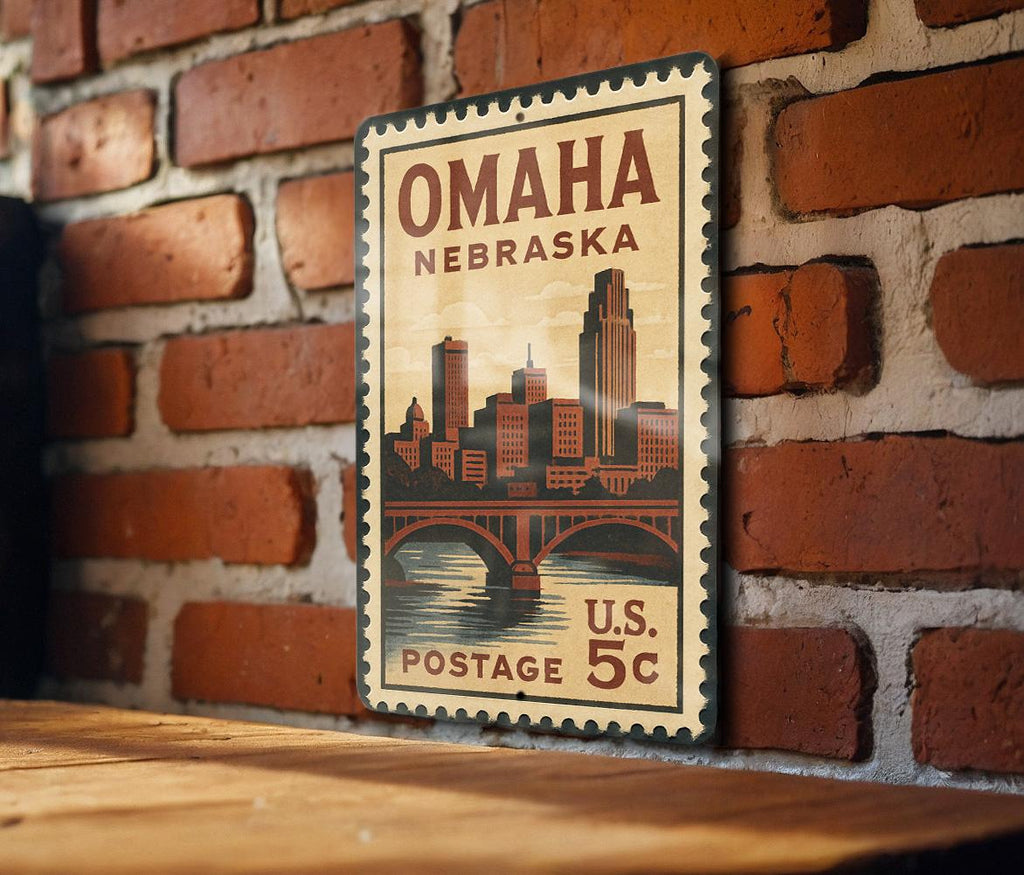 Omaha Nebraska Metal Sign Featuring Retro Postage Stamp Design with Cityscape and Iconic Landmarks — photo 3
