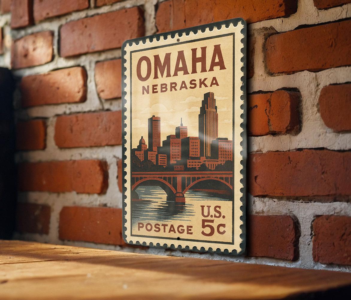 Omaha Nebraska Metal Sign Featuring Retro Postage Stamp Design with Cityscape and Iconic Landmarks — photo 3