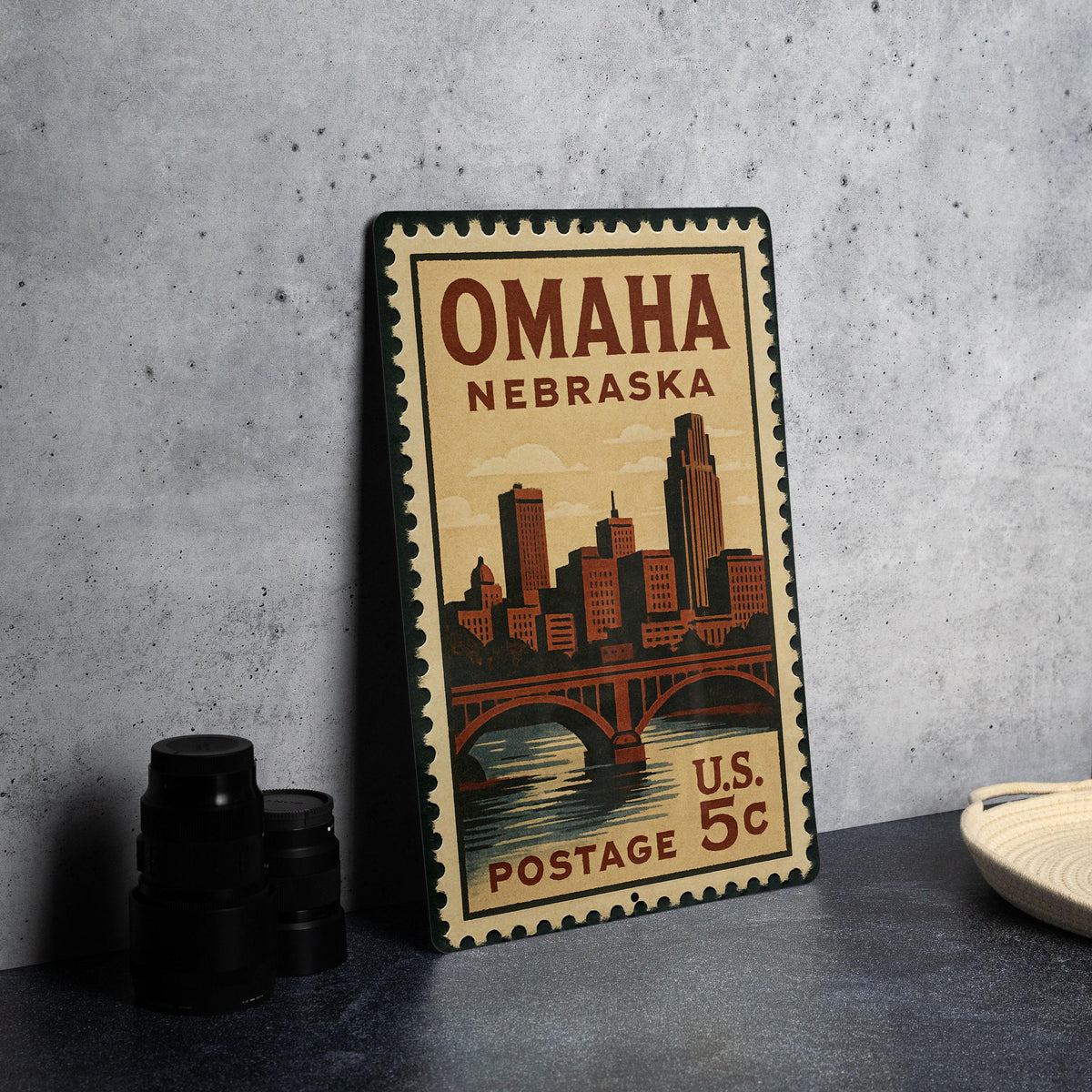 Omaha Nebraska Metal Sign Featuring Retro Postage Stamp Design with Cityscape and Iconic Landmarks — photo 4