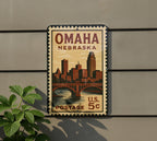 Omaha Nebraska Metal Sign Featuring Retro Postage Stamp Design with Cityscape and Iconic Landmarks — photo 5