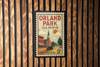 Orland Park Illinois Metal Sign – Retro Postage Stamp Design Featuring Town Landmark and City Name Decor — photo 1