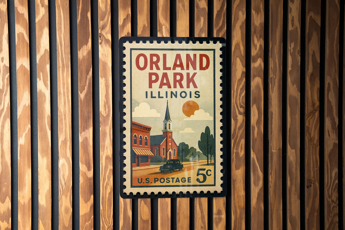 Orland Park Illinois Metal Sign – Retro Postage Stamp Design Featuring Town Landmark and City Name Decor — photo 1