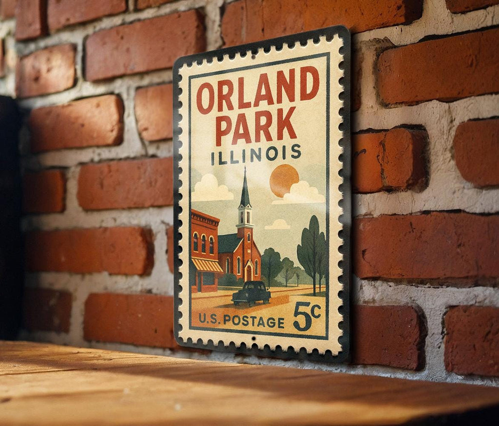 Orland Park Illinois Metal Sign – Retro Postage Stamp Design Featuring Town Landmark and City Name Decor — photo 2