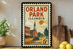Orland Park Illinois Metal Sign – Retro Postage Stamp Design Featuring Town Landmark and City Name Decor — photo 3