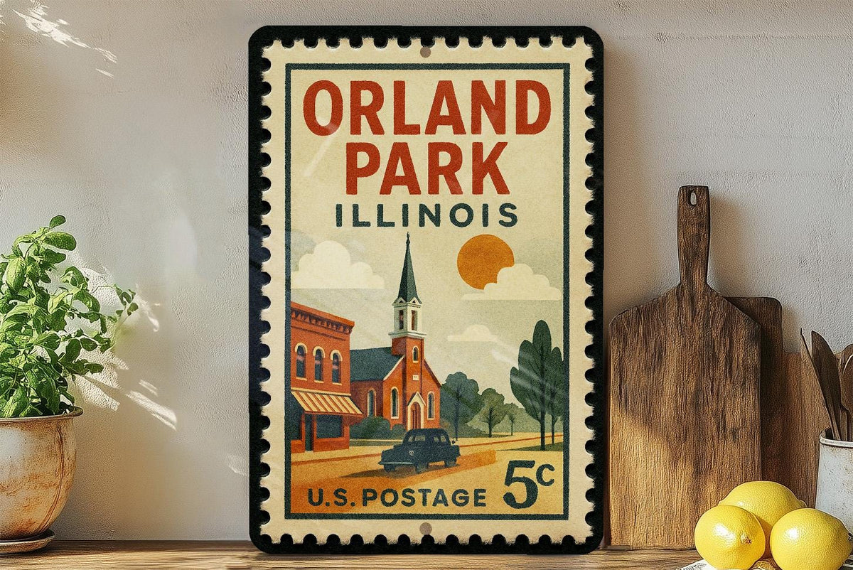 Orland Park Illinois Metal Sign – Retro Postage Stamp Design Featuring Town Landmark and City Name Decor — photo 3
