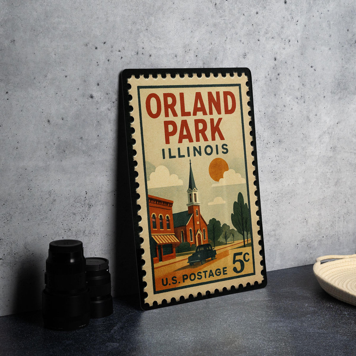 Orland Park Illinois Metal Sign – Retro Postage Stamp Design Featuring Town Landmark and City Name Decor — photo 4