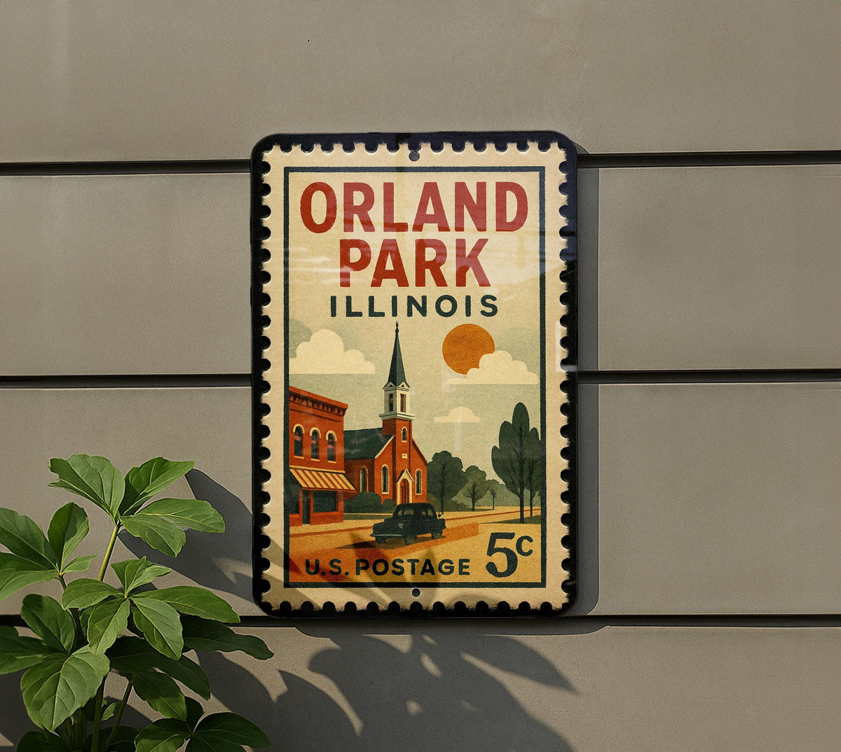 Orland Park Illinois Metal Sign – Retro Postage Stamp Design Featuring Town Landmark and City Name Decor — photo 5