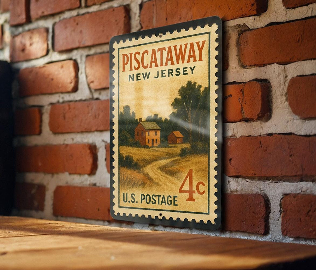 Piscataway New Jersey Metal Sign Featuring Retro Postage Stamp Design of Local Landmarks and Scenic Views — photo 2