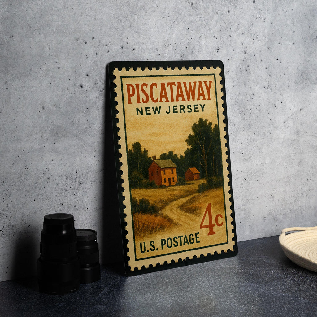 Piscataway New Jersey Metal Sign Featuring Retro Postage Stamp Design of Local Landmarks and Scenic Views — photo 4