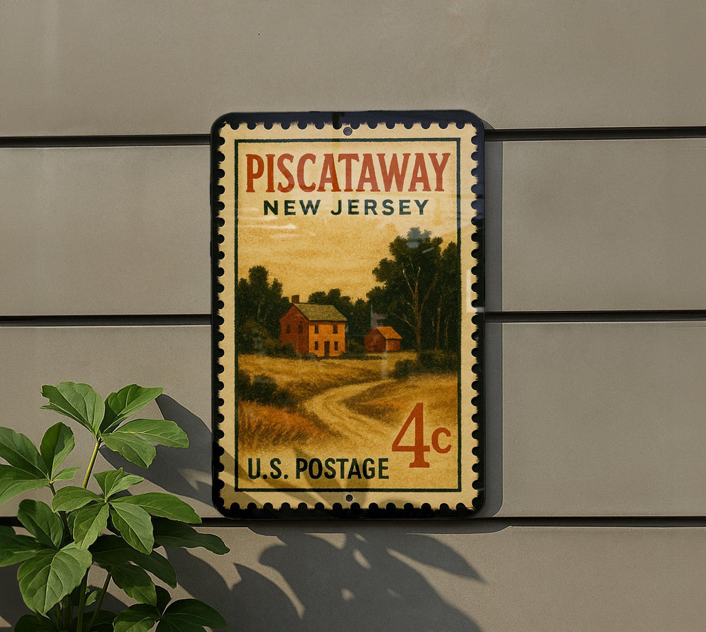 Piscataway New Jersey Metal Sign Featuring Retro Postage Stamp Design of Local Landmarks and Scenic Views — photo 5