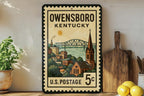 Owensboro Kentucky Metal Sign Featuring Retro Postage Stamp Design with Cityscape and Local Landmarks — photo 1